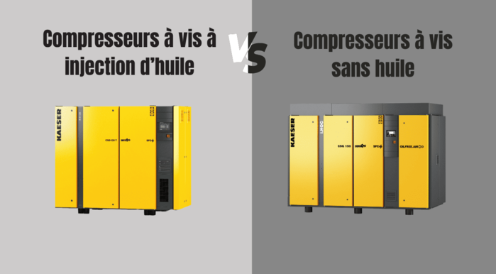 Deux compresseurs industriels KAESER présentés côte à côte : un compresseur à vis lubrifié et un compresseur à vis sans huile pour l'industrie agroalimentaire.